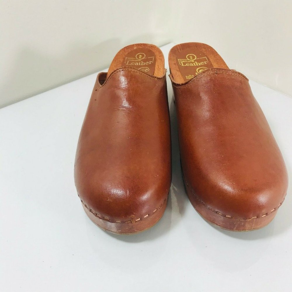 Coasters Brown Leather Wood Comfort Clogs Shoes